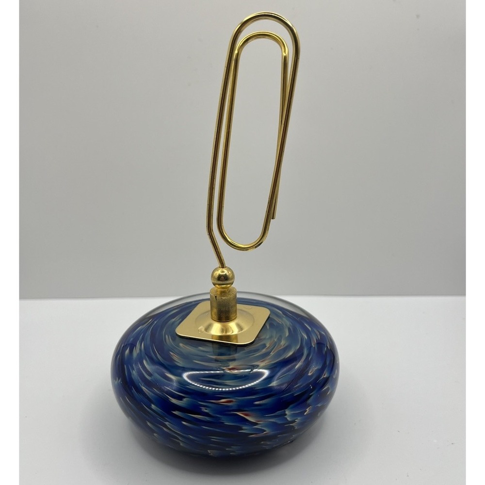 VTG Art Glass Paperweight Paper Clip Holder Hand Blown By David Lewin Blue Swirl